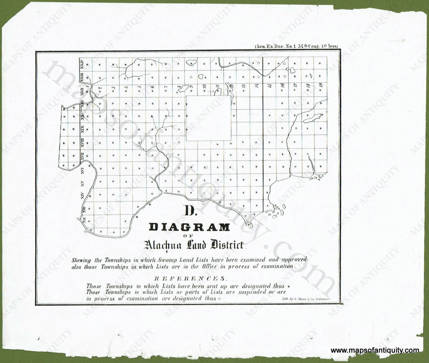 Antique-Black-and-White-Map-D.-Diagram-of-Alachua-Land-District-United-States-South-1855-U.S.-General-Land-Office-Maps-Of-Antiquity