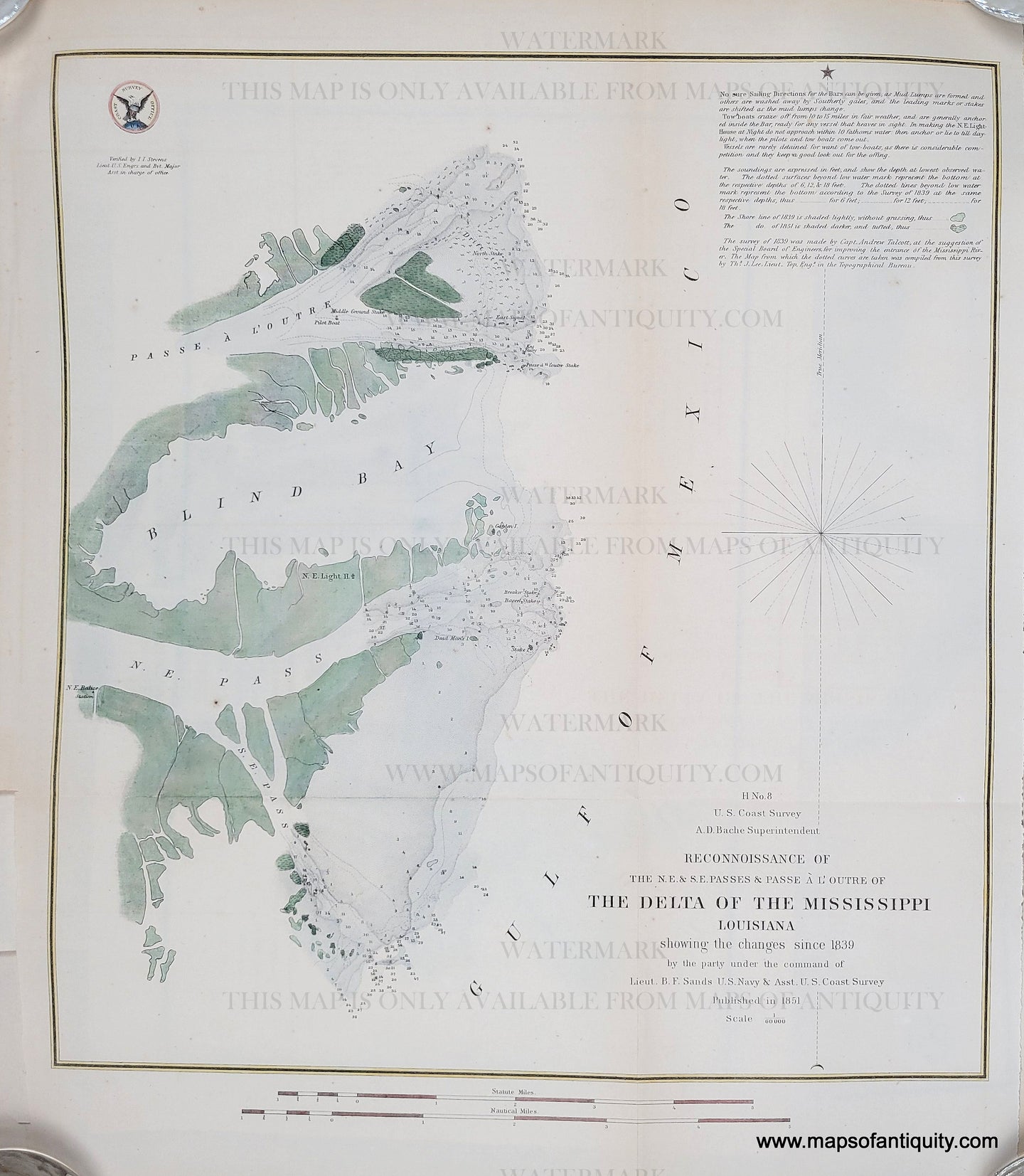 Colored in green for land and blue for water with yellow border. Antique-Hand-Colored-Map-Reconnoissance-of-the-N.E.-&-S.E.-Passes-&-Passe-a-L'Outre-of-The-Delta-of-the-Mississippi-Louisiana--Showing-Changed-Since-1839-**********-Coastal-Report-Charts-United-States-South-1851-U.S.-Coast-Survey-Maps-Of-Antiquity