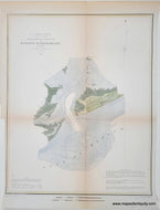 Antique map of a harbor entrance to Barataria Bay Louisiana with topographic details. Antique map with hand-coloring in tones of brown, green, blue for water, yellow border, brick red for cities/buildings.
