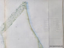 Load image into Gallery viewer, Close-up of part of the coast survey chart of Florida, 1860, showing the east coast and a table of latitudes and longitudes. Light green color along the coast and light blue in the water along the coast.
