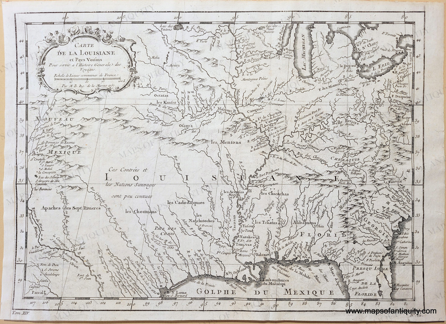 black and white copper plate engraved map showing a large portion of what is now the USA with rivers, mountains, lakes, forts, settlements, and more. Antique-Map-Carte-de-La-Louisiane-et-Pays-Voisins-Bellin-Louisiana-United-States-South-Southern-US-U.S.-1757-1750s-1700s-Mid-18th-Century-Early-Maps-of-Antiquity