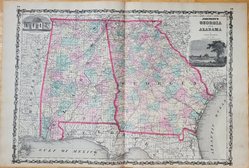 Maps-Antiquity-Antique-Map-United-States-Johnson-Browning-1861-1860s-1800s-19th-Century-Johnson's-Georgia-and-Alabama