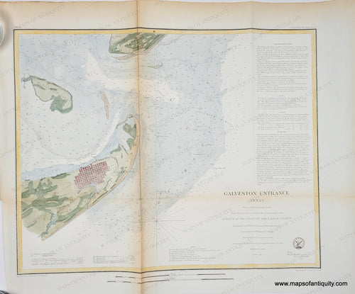 Antique map with hand-coloring in tones of brown, green, blue for water, brick red for cities/buildings. Antique-Map-Galveston-Bay-Entrance-Texas-United-States-Coast-Survey-Coastal-Chart-1856-1850s-1800s-Mid-19th-Century-Maps-of-Antiquity
