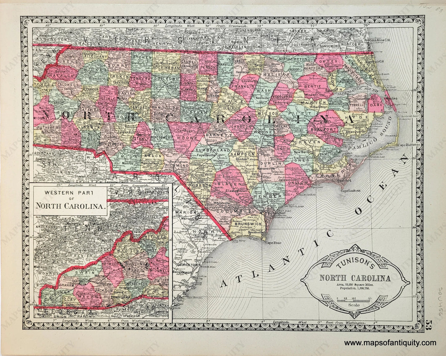 SOU456-Antique-Map-Tunisons-North-Carolina-verso-Tunisons-Pannsylvania-New-Jersey-Tennessee-1883-Tunison-Maps-Of-Antiquity-1800s-19th-century