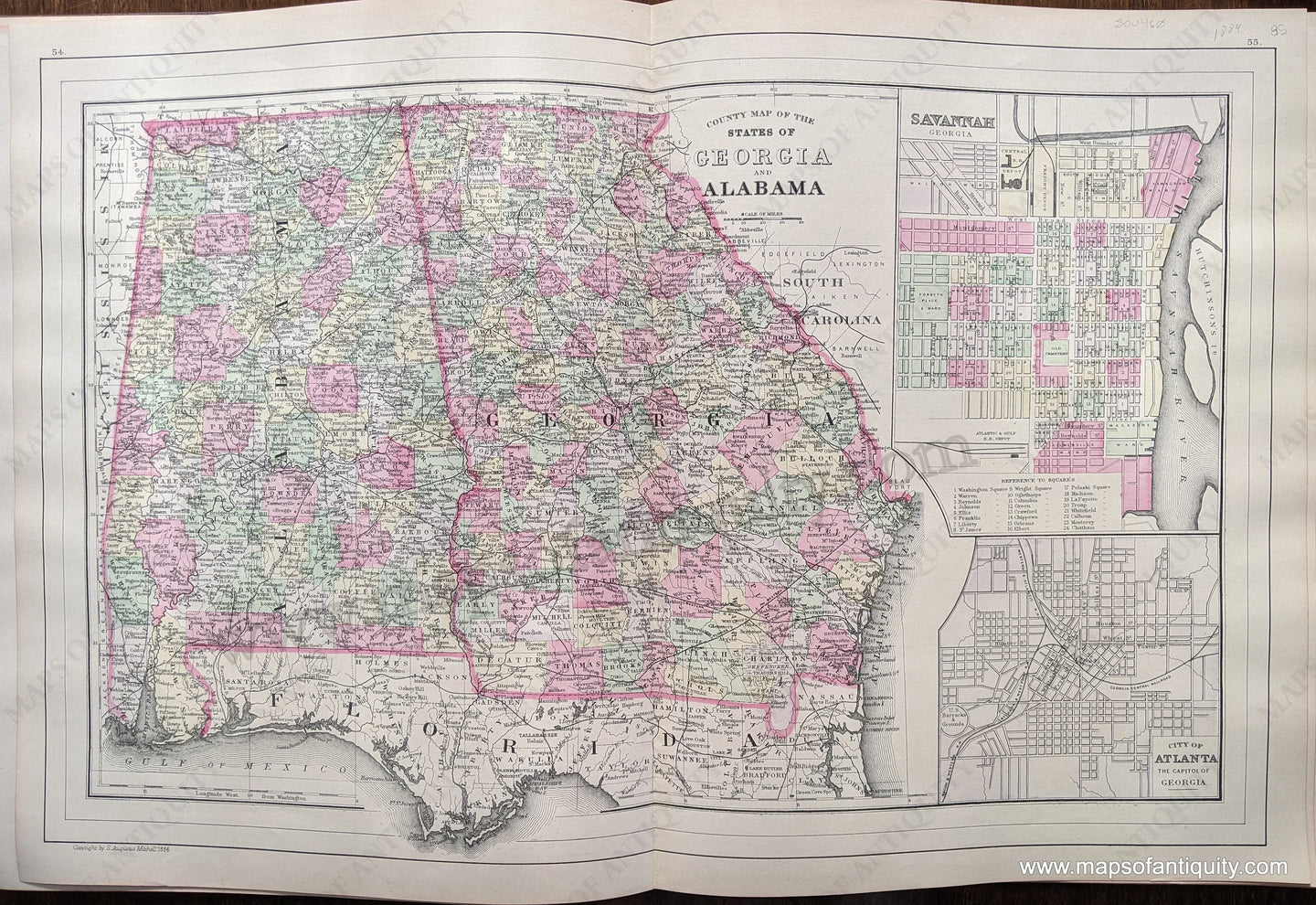 Antique-Hand-Colored-Map-County-Map-of-the-States-of-Georgia-and-Alabama-United-States-South-1884-Mitchell-Maps-Of-Antiquity-1800s-19th-century