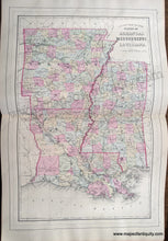 Load image into Gallery viewer, Map of Arkansas, Mississippi and Louisiana colored by county in colors of antique light pink, green, yellow, blue.
