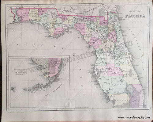 Map of Florida colored by county in colors of antique light pink, green, yellow, blue.