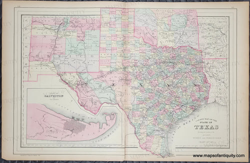 Antique map with original color in tones of pink, green, yellow, and orange. Antique-Hand-Colored-Map-County-Map-of-the-State-of-Texas-United-States-South-1884-Mitchell-Maps-Of-Antiquity-1800s-19th-century