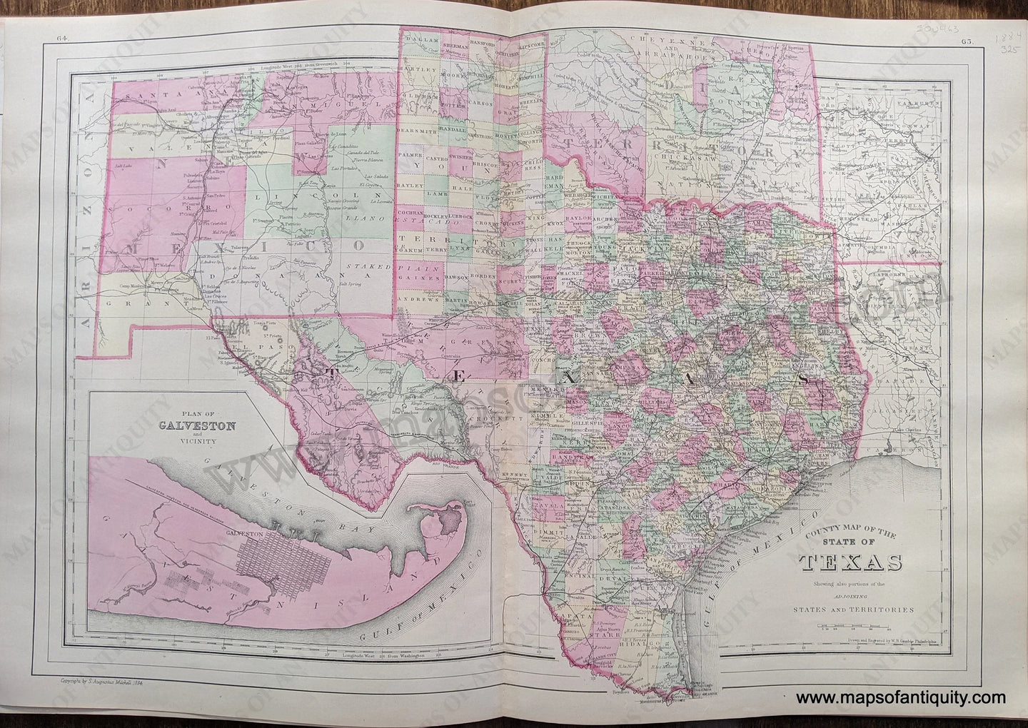 Antique-Hand-Colored-Map-County-Map-of-the-State-of-Texas-United-States-South-1884-Mitchell-Maps-Of-Antiquity-1800s-19th-century