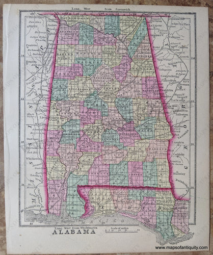 Antique-Hand-Colored-Map-Alabama-United-States-South-1857-Morse-and-Gaston-Maps-Of-Antiquity-1800s-19th-century