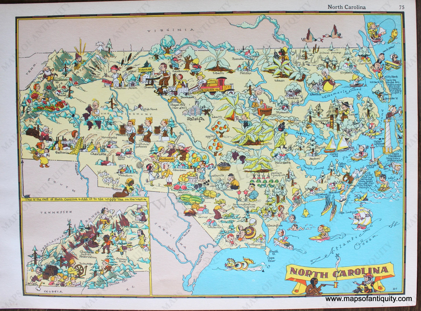 Genuine-Antique-Pictorial-Map-North-Carolina-United-States-South-1935-Ruth-Taylor-Maps-Of-Antiquity-1800s-19th-century