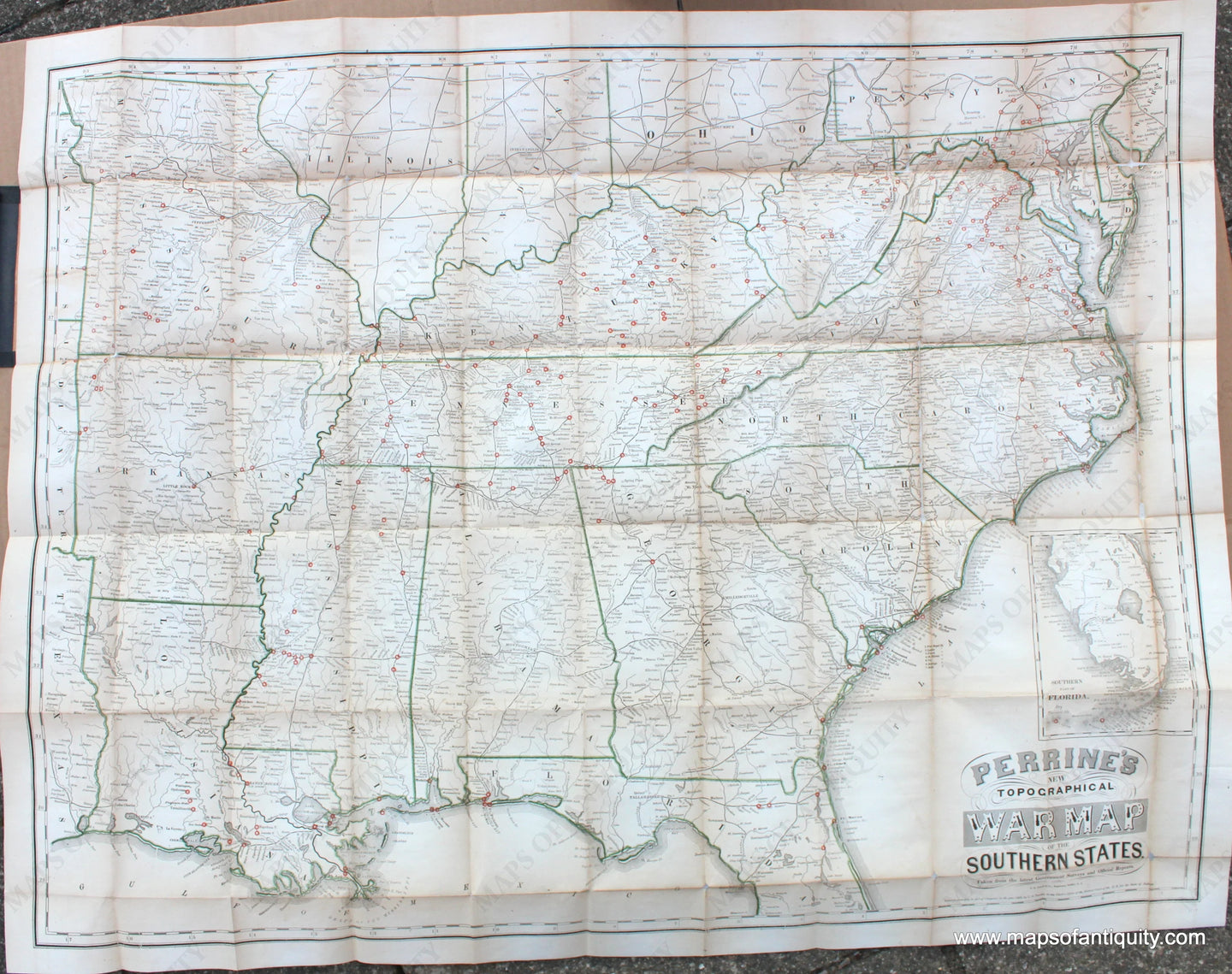 1864 - Perrine's New Topographical War Map Of The Southern States. - Antique Map