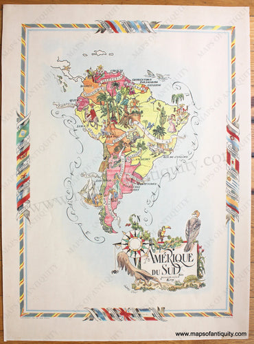 Genuine-Antique-Printed-Color-Pictorial-Map-Amerique-du-Sud---South-America-1951-Jacques-Liozu-Maps-Of-Antiquity-1800s-19th-century