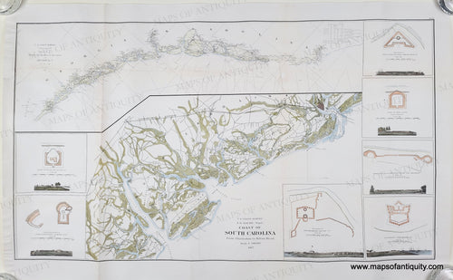 Antique map of South Carolina with topographic details. Genuine Hand Colored Antique Coastal Report Chart-Coast of South Carolina from Charleston to Hilton Head-1862-US Coast Survey-Maps-Of-Antiquity