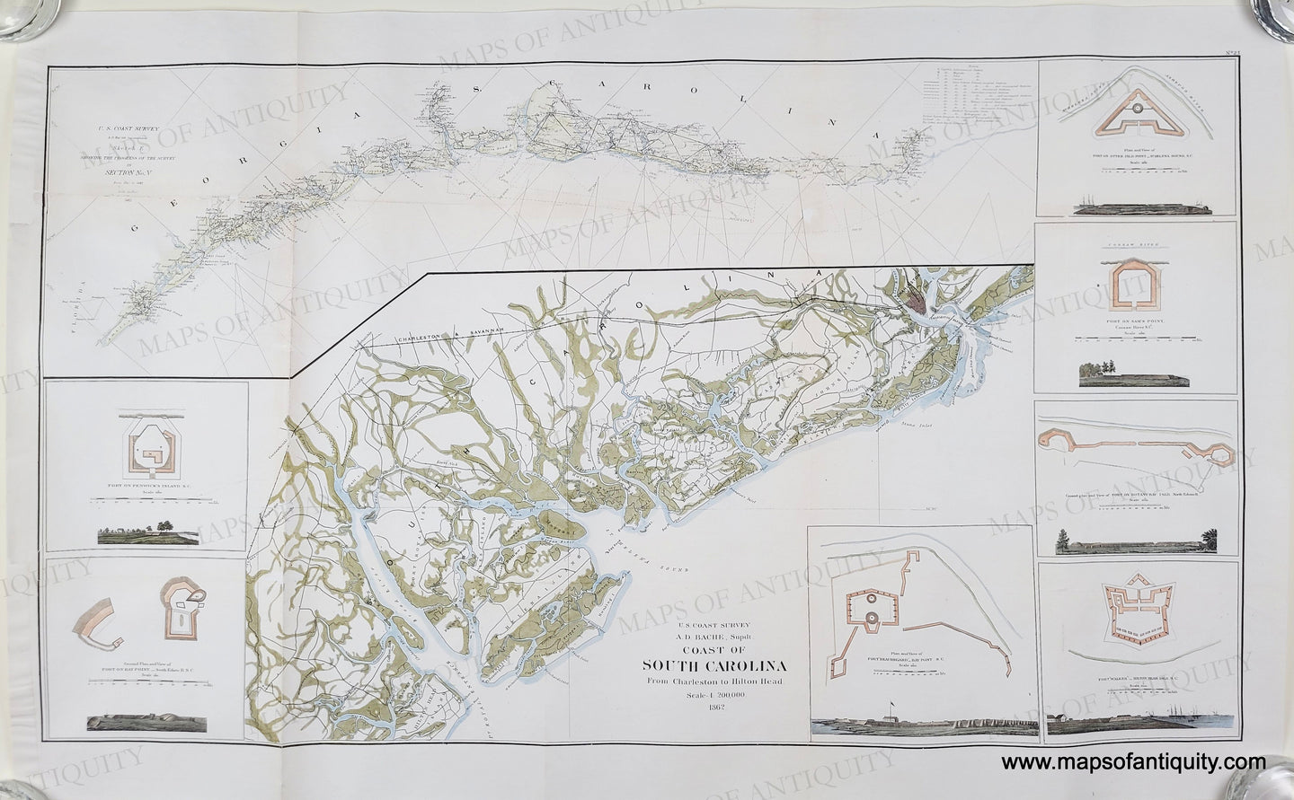 Antique map of South Carolina with topographic details. Genuine Hand Colored Antique Coastal Report Chart-Coast of South Carolina from Charleston to Hilton Head-1862-US Coast Survey-Maps-Of-Antiquity
