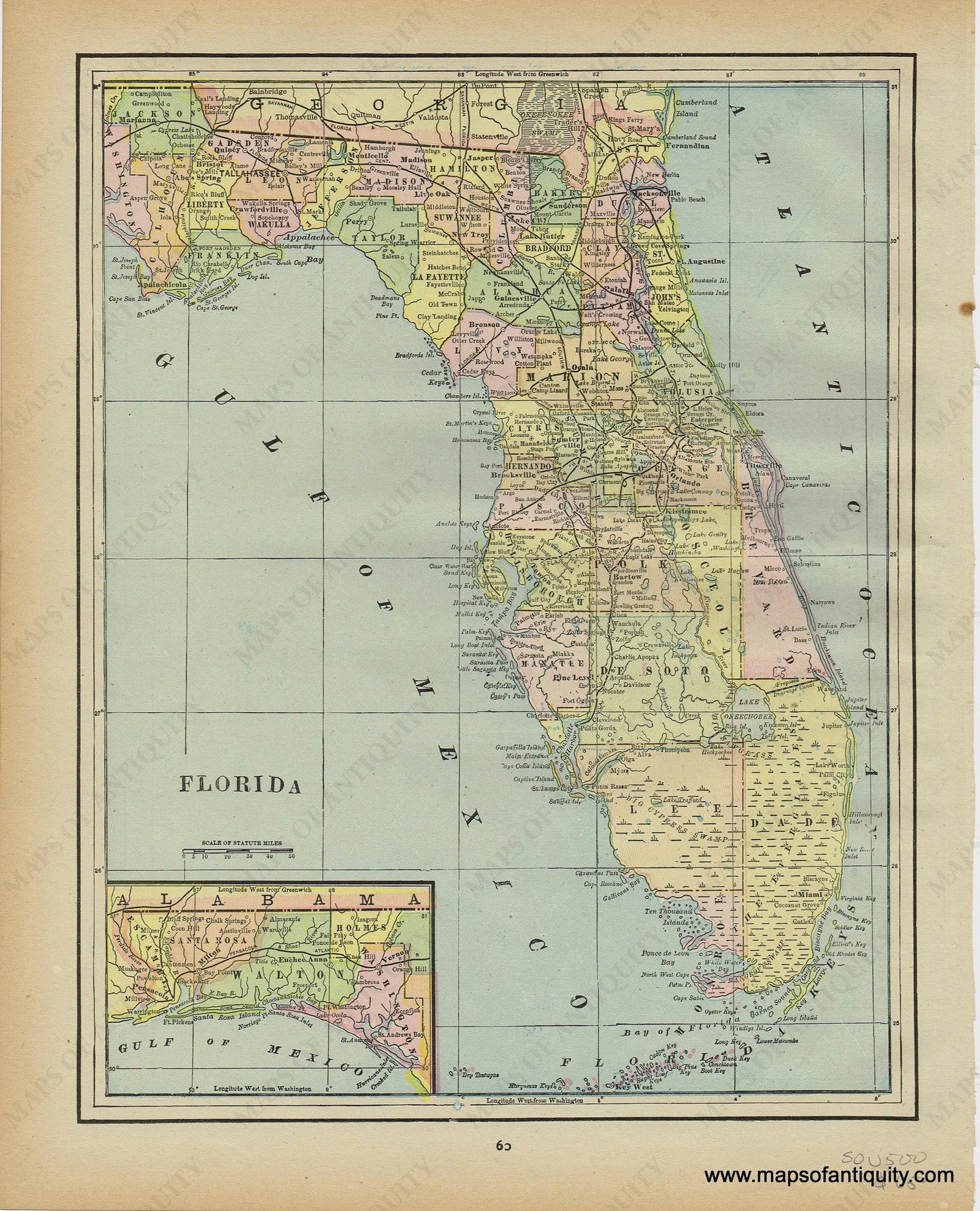 Genuine-Antique-Printed-Color-Map-Florida-1893-Gaskell-Maps-Of-Antiquity