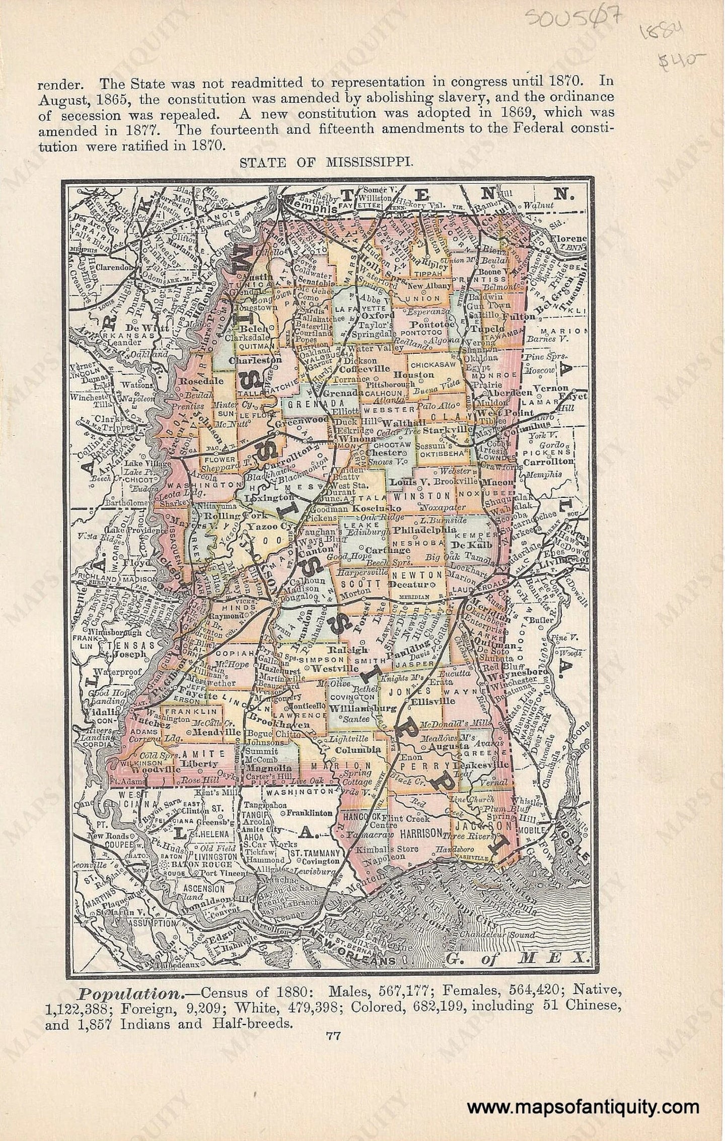 Genuine Antique Map-Map of Mississippi-1884-Rand McNally & Co-Maps-Of-Antiquity