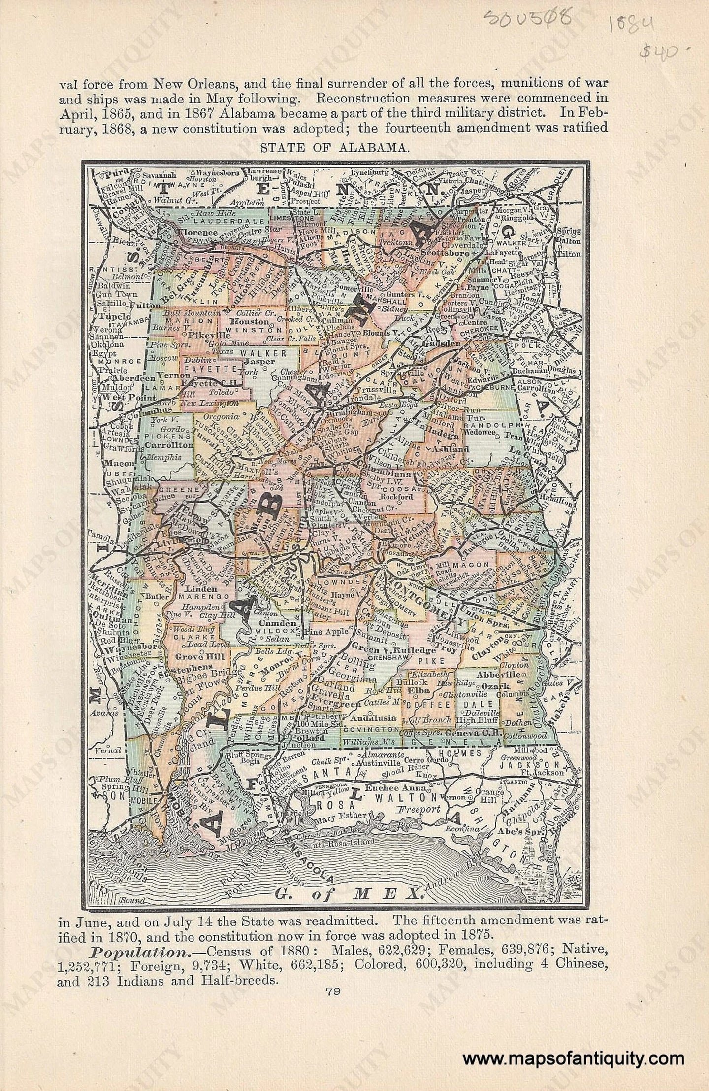 Genuine Antique Map-State of Alabama-1884-Rand McNally & Co-Maps-Of-Antiquity