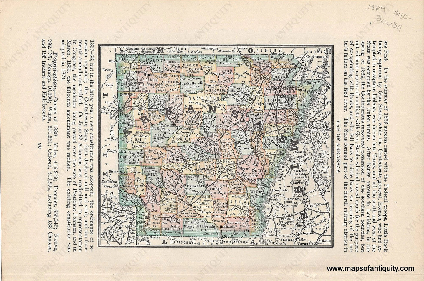 Genuine Antique Map-Map of Arkansas-1884-Rand McNally & Co-Maps-Of-Antiquity