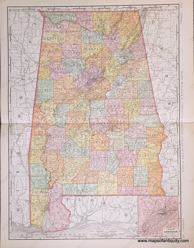 Genuine-Antique-Map-Alabama-Alabama--1898-Rand-McNally-Maps-Of-Antiquity-1800s-19th-century