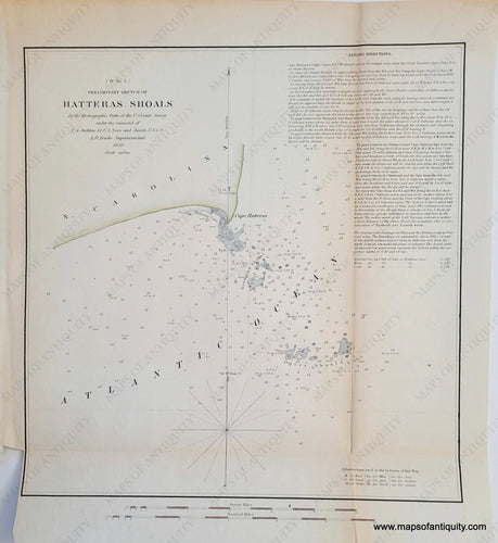 Genuine-Antique-Chart-Preliminary-Sketch-of-Hatteras-Shoals-North-Carolina--North-Carolina-Coastal-Report-Charts--1850-US-Coast-Survey-Maps-Of-Antiquity-1800s-19th-century