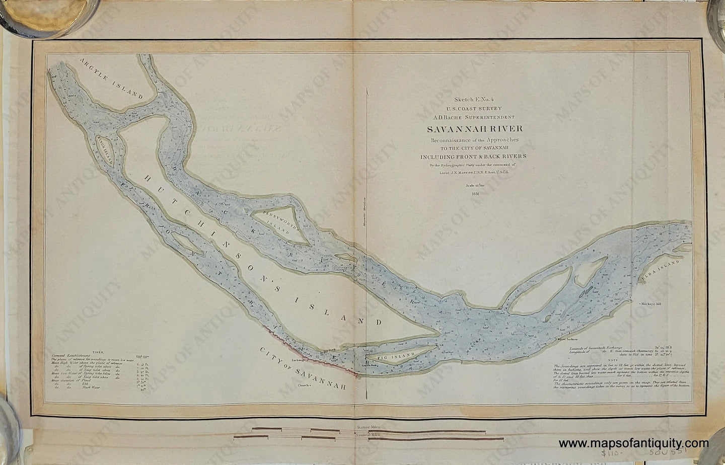 Genuine-Antique-Chart-Sketch-E-No-4-Savannah-River-Reconnaissance-of-the-Approaches-to-the-City-of-Savannah-including-Front-Back-Rivers-Georgia-Coastal-Report-Charts--1851-US-Coast-Survey-Maps-Of-Antiquity-1800s-19th-century