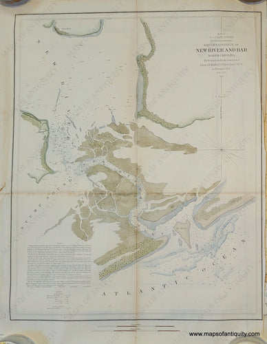 Genuine-Antique-Chart-Reconnaissance-of-New-River-and-Bar-North-Carolina-North-Carolina-Coastal-Report-Charts--1852-US-Coast-Survey-Maps-Of-Antiquity-1800s-19th-century