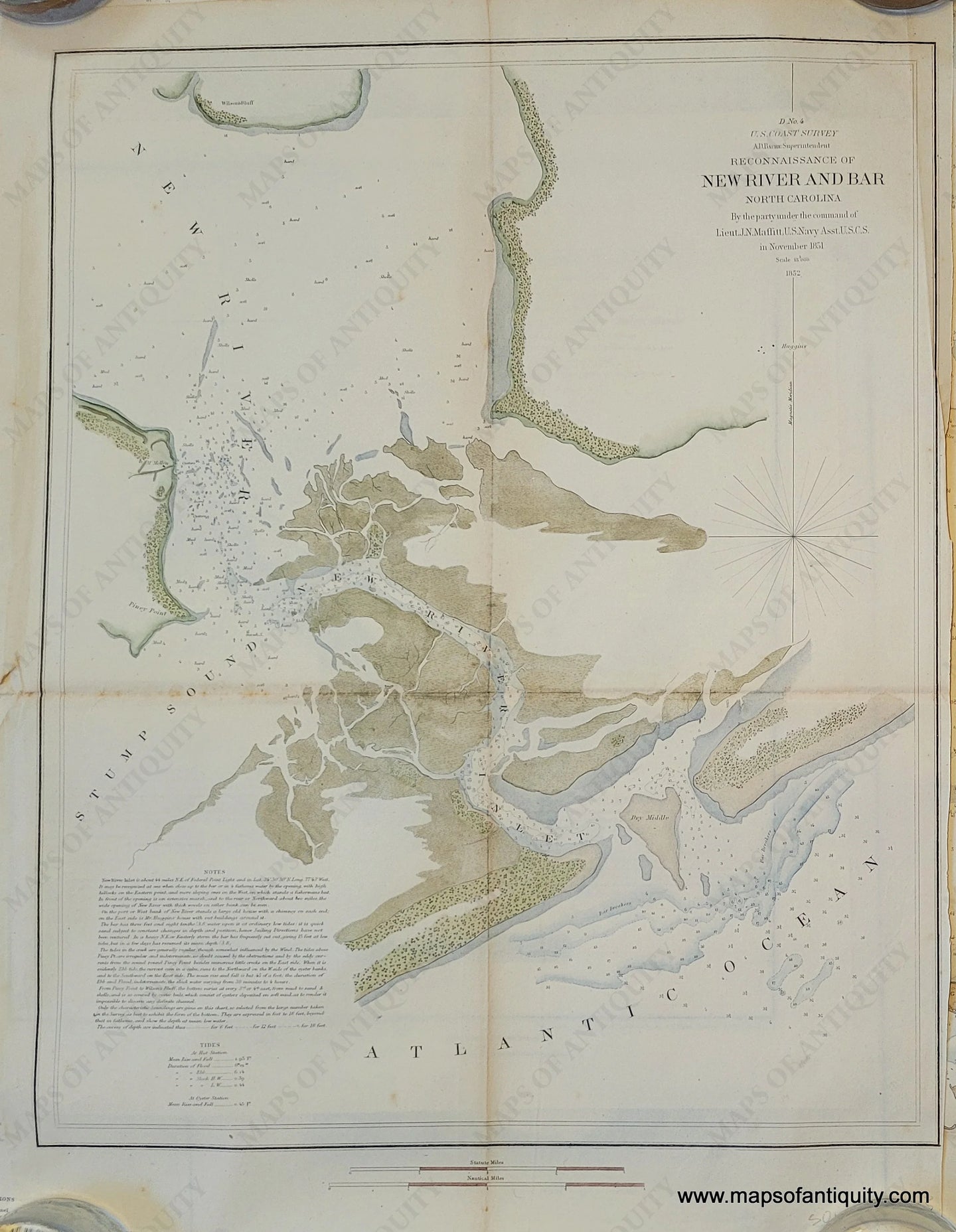 Genuine-Antique-Chart-Reconnaissance-of-New-River-and-Bar-North-Carolina-North-Carolina-Coastal-Report-Charts--1852-US-Coast-Survey-Maps-Of-Antiquity-1800s-19th-century