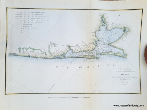 Antique-Map-United-States-U.S.-Coast-Survey-Coastal-Chart-1848-1852-1850s-1800s-19th-Century-Galveston-Bay-Texas-Gulf-of-Mexico-Maps-of-Antiquity
