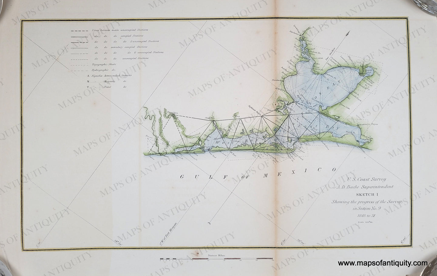 Hand-colored with green along the coast and blue water. Antique-Map-United-States-U.S.-Coast-Survey-Coastal-Chart-1848-1851-1850s-1800s-19th-Century-Galveston-Bay-Texas-Gulf-of-Mexico-Maps-of-Antiquity