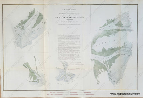 Genuine-Antique-Chart-Reconnoissance-of-the-Passes-of-the-Delta-of-the-Mississippi-River-Louisiana-Louisiana-Coastal-Report-Charts--1852-US-Coast-Survey-Maps-Of-Antiquity-1800s-19th-century