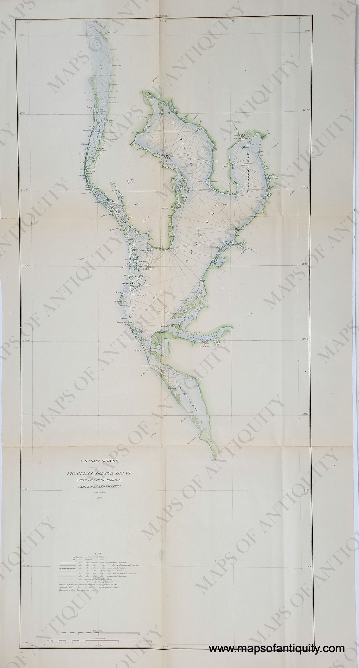 Antique coast chart survey of Tampa Bay Florida FL, with recent hand-coloring in green along the coast and blue along the water, with triangulation lines, published 1877 by US Coast Survey and sold by Maps of Antiquity. 