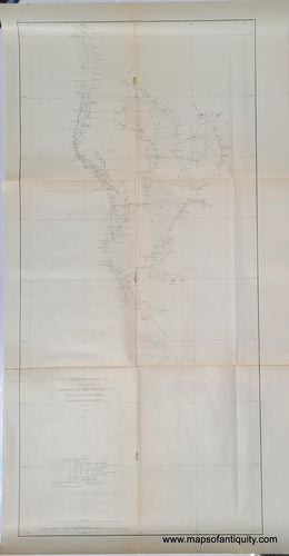 Antique coast chart survey of Tampa Bay Florida FL, uncolored, with triangulation lines, published 1877 by US Coast Survey and sold by Maps of Antiquity. Could be colored by our professional colorist.