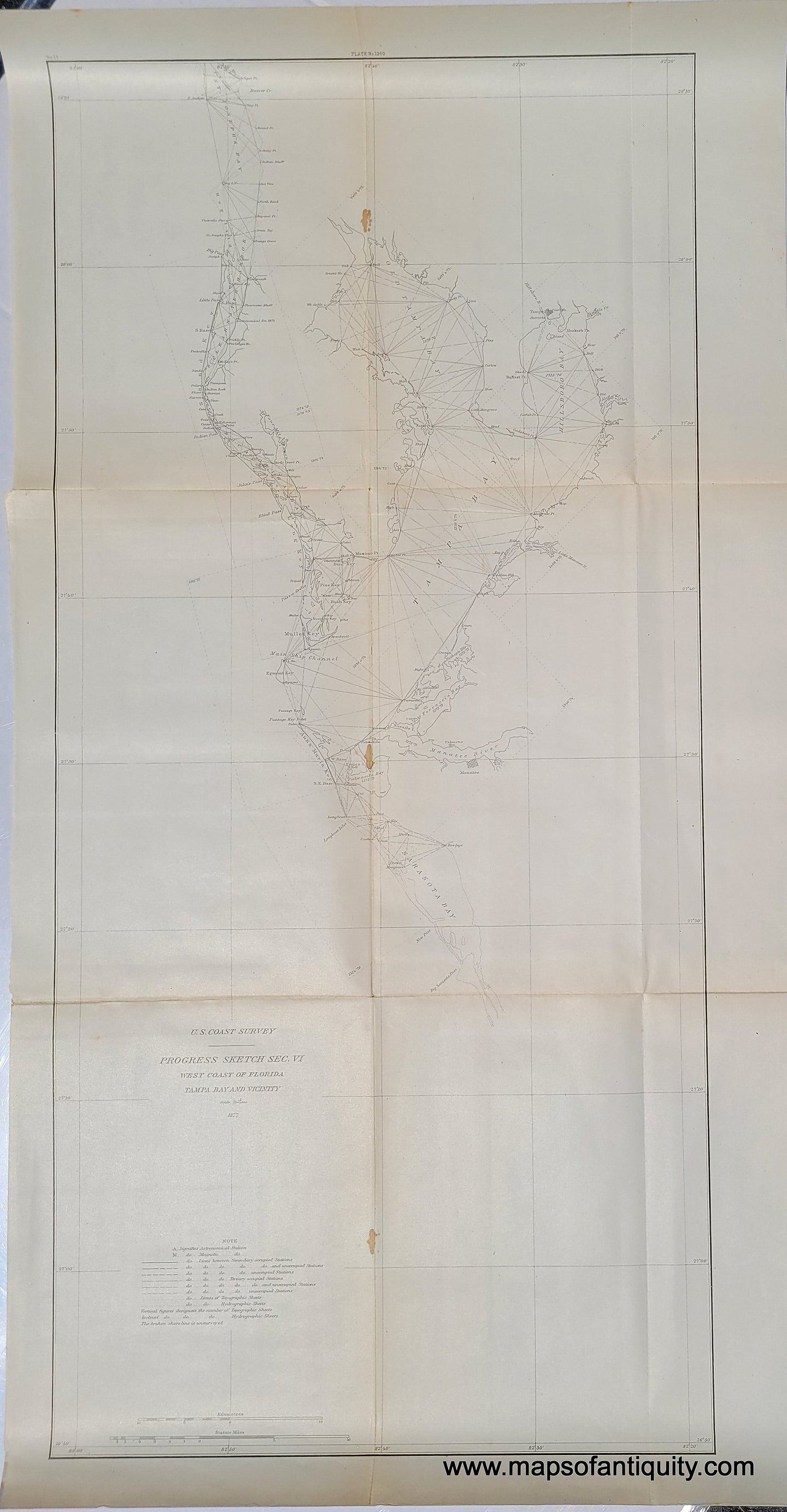 Antique coast chart survey of Tampa Bay Florida FL, uncolored, with triangulation lines, published 1877 by US Coast Survey and sold by Maps of Antiquity. Could be colored by our professional colorist.