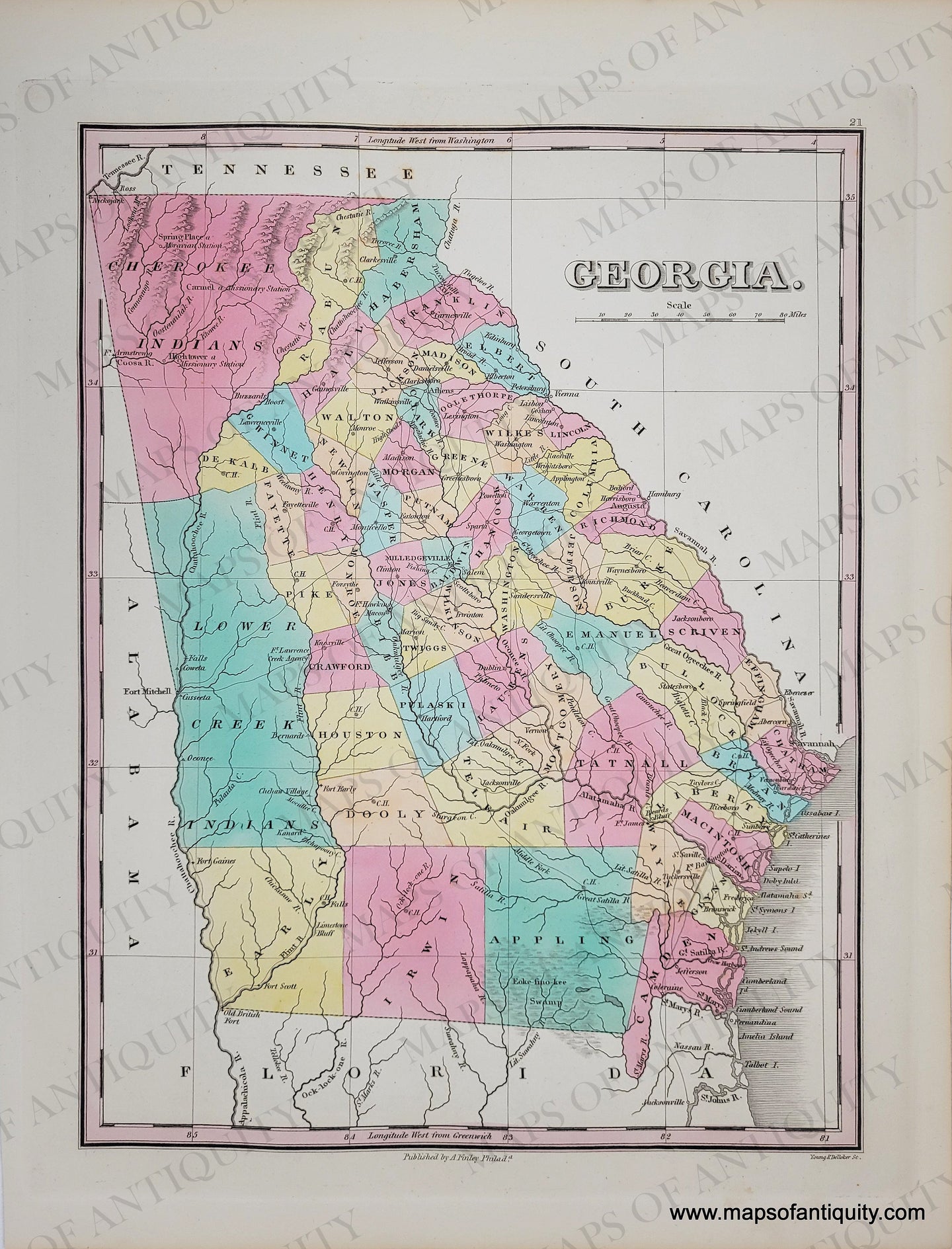 Antique-Hand-Colored-Map-Georgia.-**********-United-States-South-1829-Anthony-Finley-Maps-Of-Antiquity