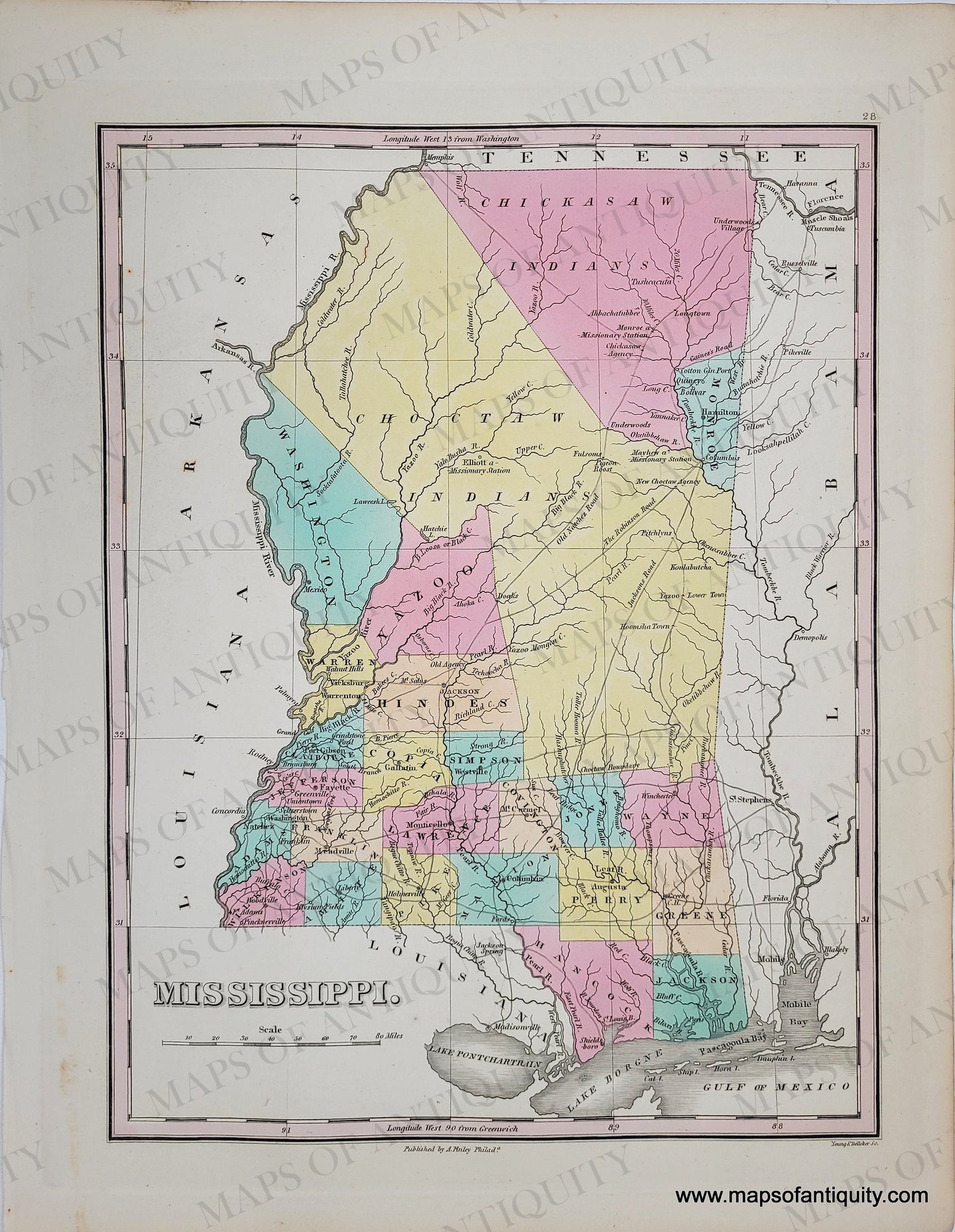 Antique-Hand-Colored-Map-Mississippi.-**********-United-States-South-1829-Anthony-Finley-Maps-Of-Antiquity