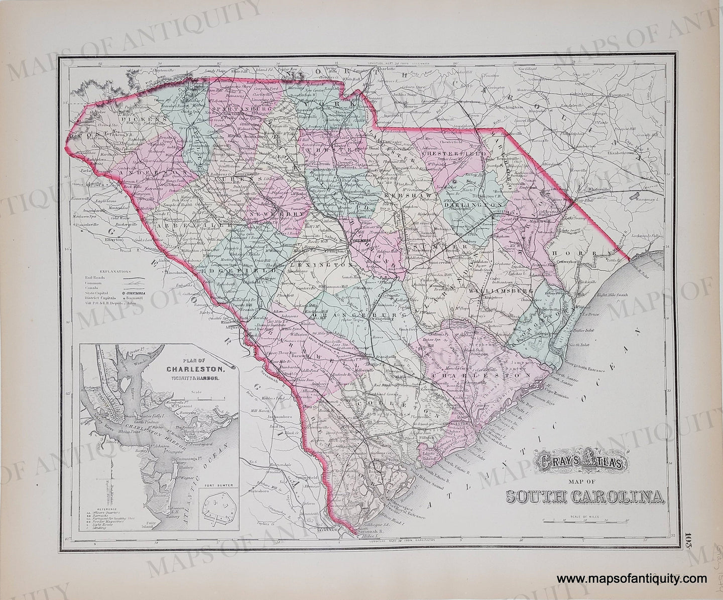 Genuine-Antique-Map-Grays-Atlas-Map-of-South-Carolina-Verso:-Gray's-Atlas-Map-of-Georgia-1874-Gray-Maps-Of-Antiquity