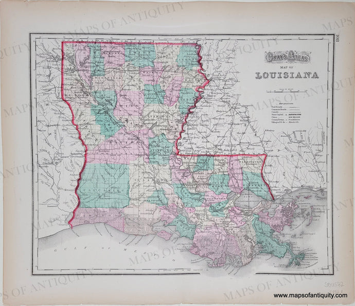 Genuine-Antique-Map-Grays-Atlas-Map-of-Louisiana-Verso:-Grey's-Atlas-Map-of-Mississippi-1874-Gray-Maps-Of-Antiquity