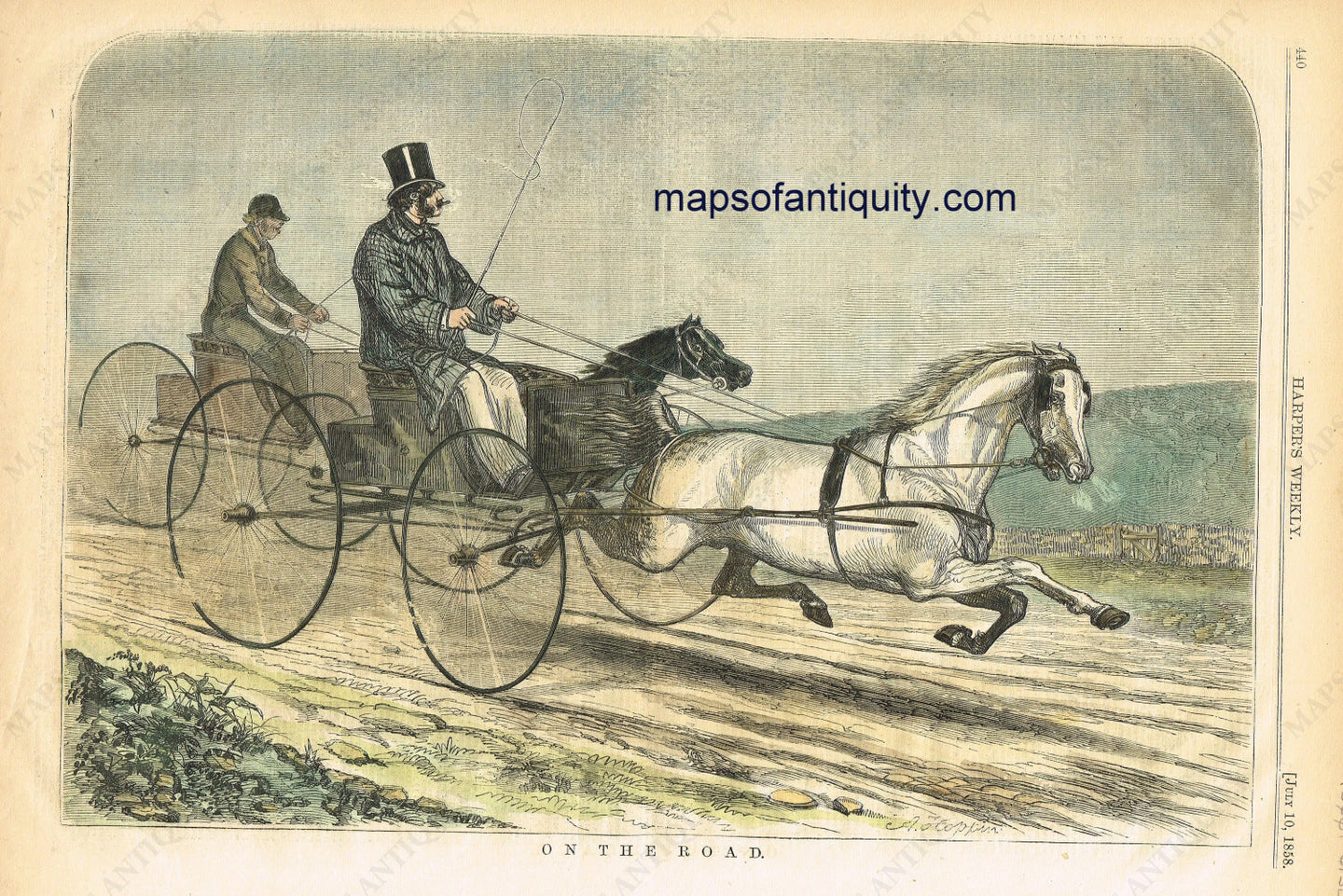 Hand-Colored-Antique-Illustration-On-the-Road---buggy-racing-antique-print-Antique-Prints-Sports-Prints-1858-Harper's-Weekly-Maps-Of-Antiquity