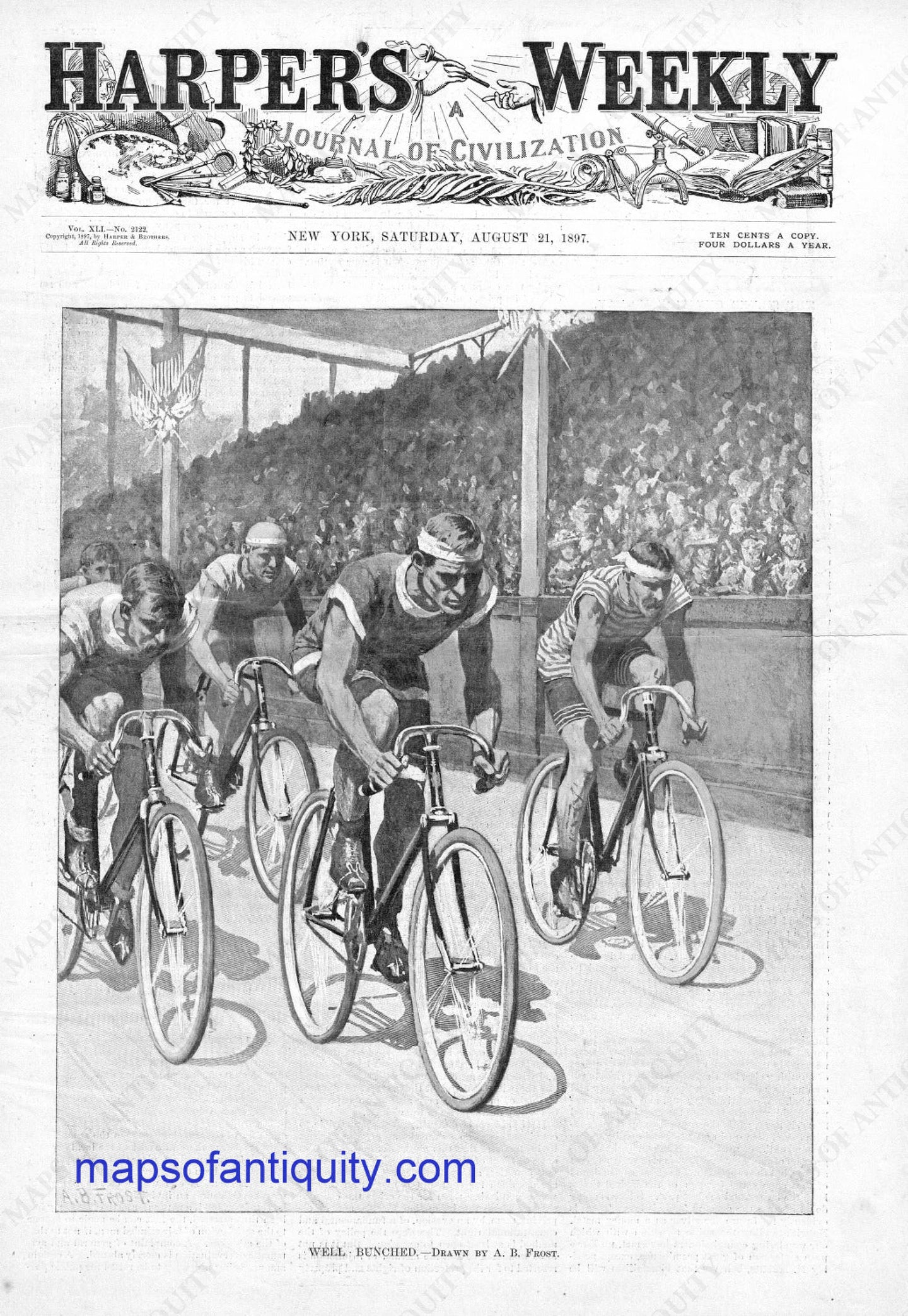 Black-and-White-Antique-Illustration-Well-Bunched-Bicycle-Race-Antique-Prints-Sports-Prints-1897-Harper's-Weekly-Maps-Of-Antiquity