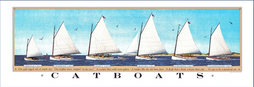 Nautical sailing illustration print of Catboats with poem, colorful sailboats, ships, sailing, sailcraft, boats