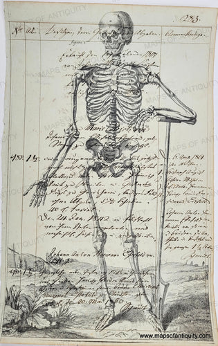 BLack and white print of a skeleton on antique paper with original handwriting. Specialty-Reproduction-Skeleton-(Reproduction-on-Antique-Paper)-Digitally-Engraved-Specialty-Reproduction---Reproduction-Maps-Of-Antiquity