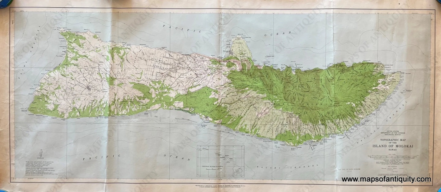 Genuine-Antique-Topographical-Map-Island-of-Molokai-Hawaii-Topo-Map-1952-USGS-U-S--Geological-Survey-Maps-Of-Antiquity