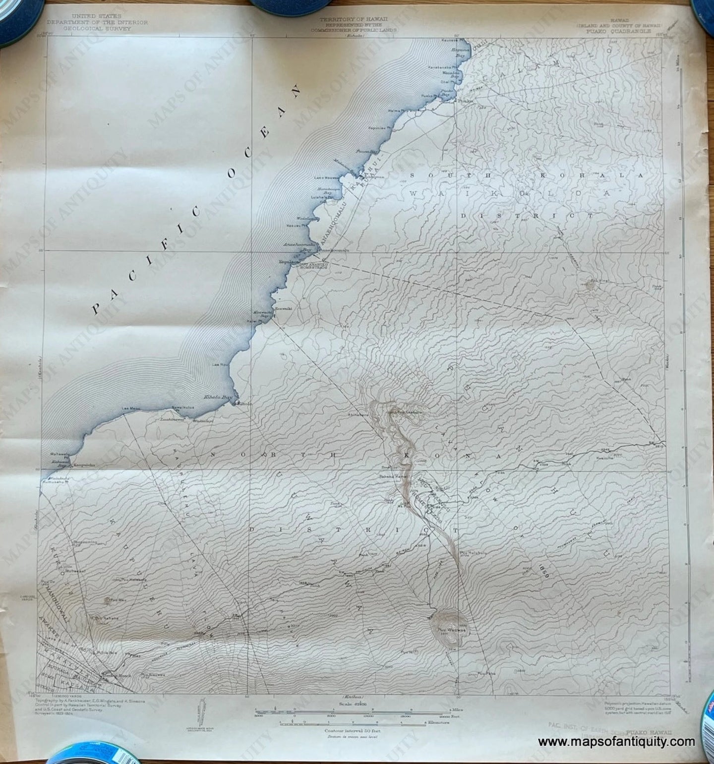 Genuine-Antique-Topographical-Map-Puako-Hawaii-Quadrangle-Topo-Map-1943-USGS-U-S--Geological-Survey-Maps-Of-Antiquity