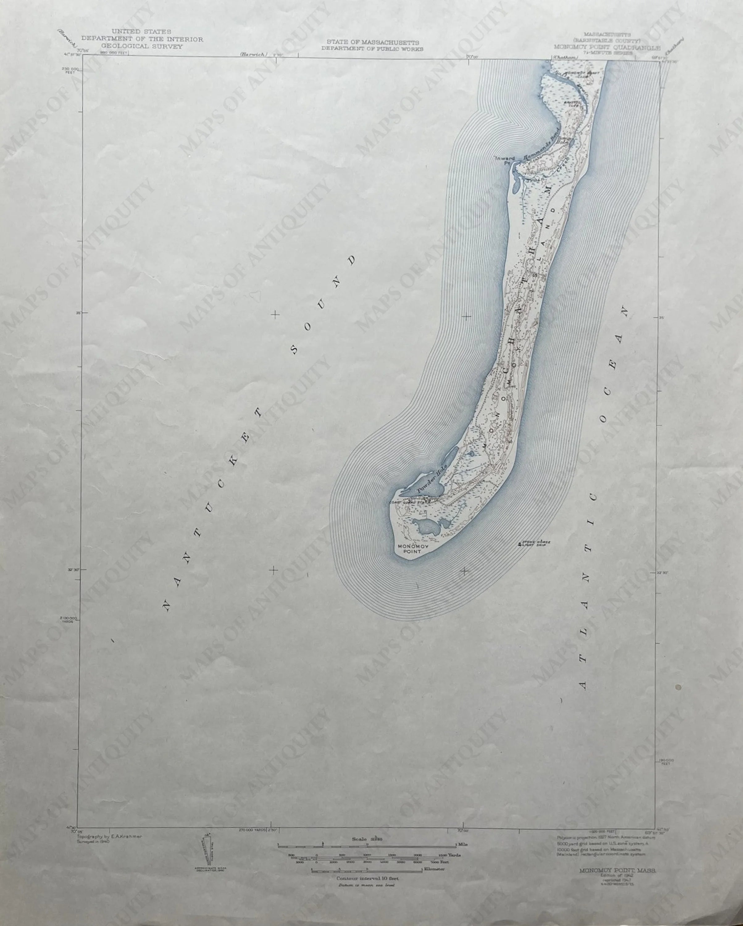 Cod Topographic 1947 Antique Map Monomoy Point in Chatham, Mass. Cape Cod Antique ...