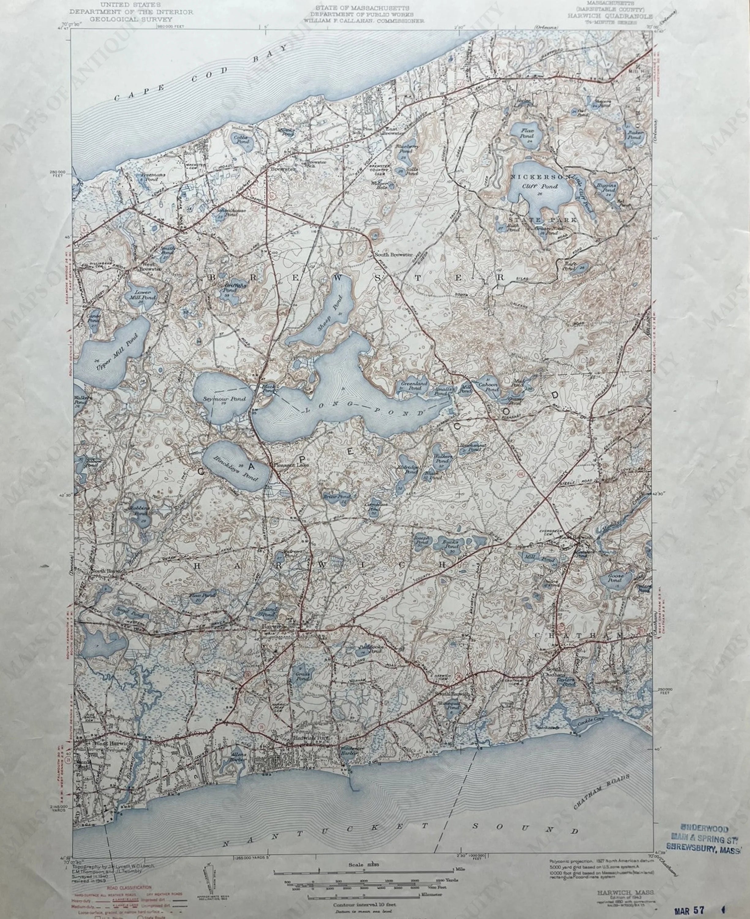 Cod Topographic 1943 Antique Map Harwich, Mass. Cape Cod Antique Topographic Map – Maps ...