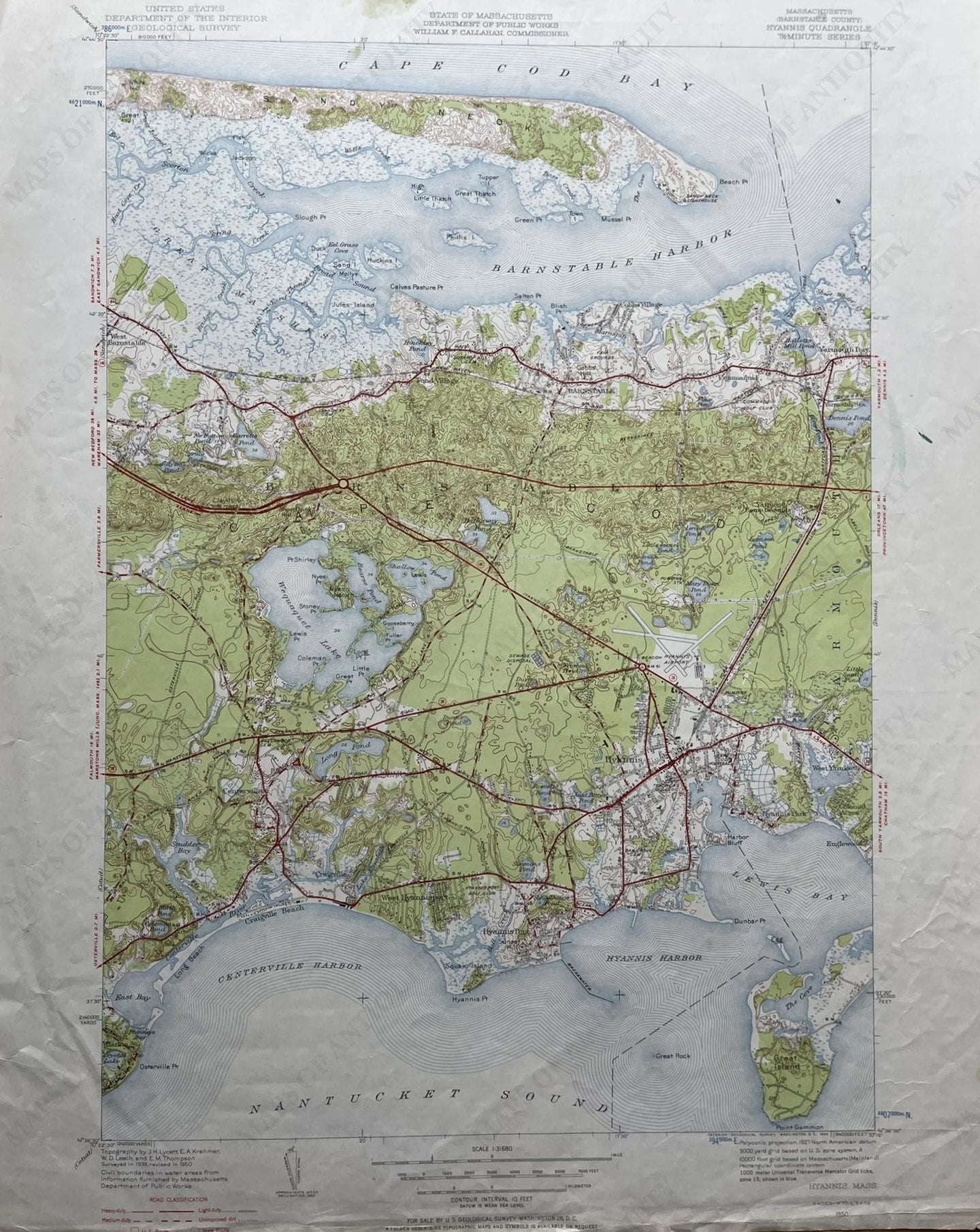 Genuine-Vintage-Map-Hyannis-Mass-Cape-Cod-Antique-Topographic-Map-1950-USGS-U-S-Geological-Survey-Maps-Of-Antiquity