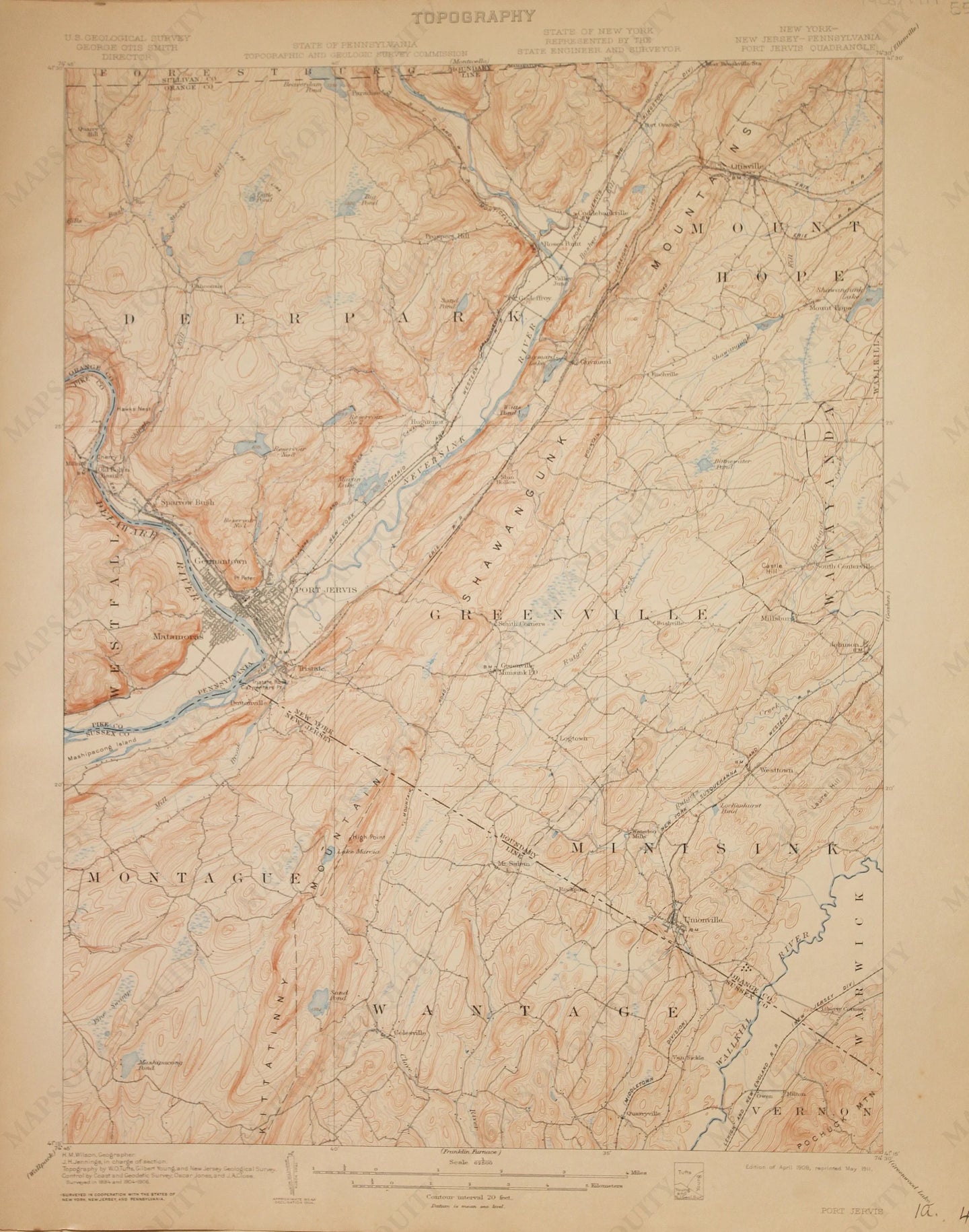 Genuine-Antique-Map-Port-Jervis--New-York-New-Jersey-Pennsylvania---1911-U-S-Geological-Survey--Maps-Of-Antiquity