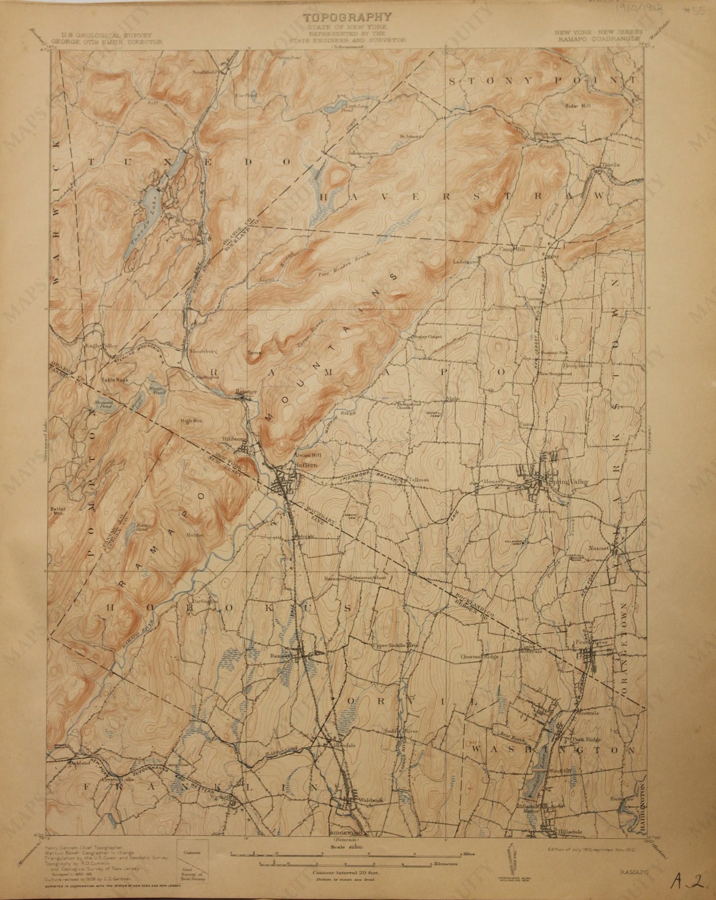 Genuine-Antique-Map-Ramapo--New-York-New-Jersey--1910-U-S-Geological-Survey--Maps-Of-Antiquity