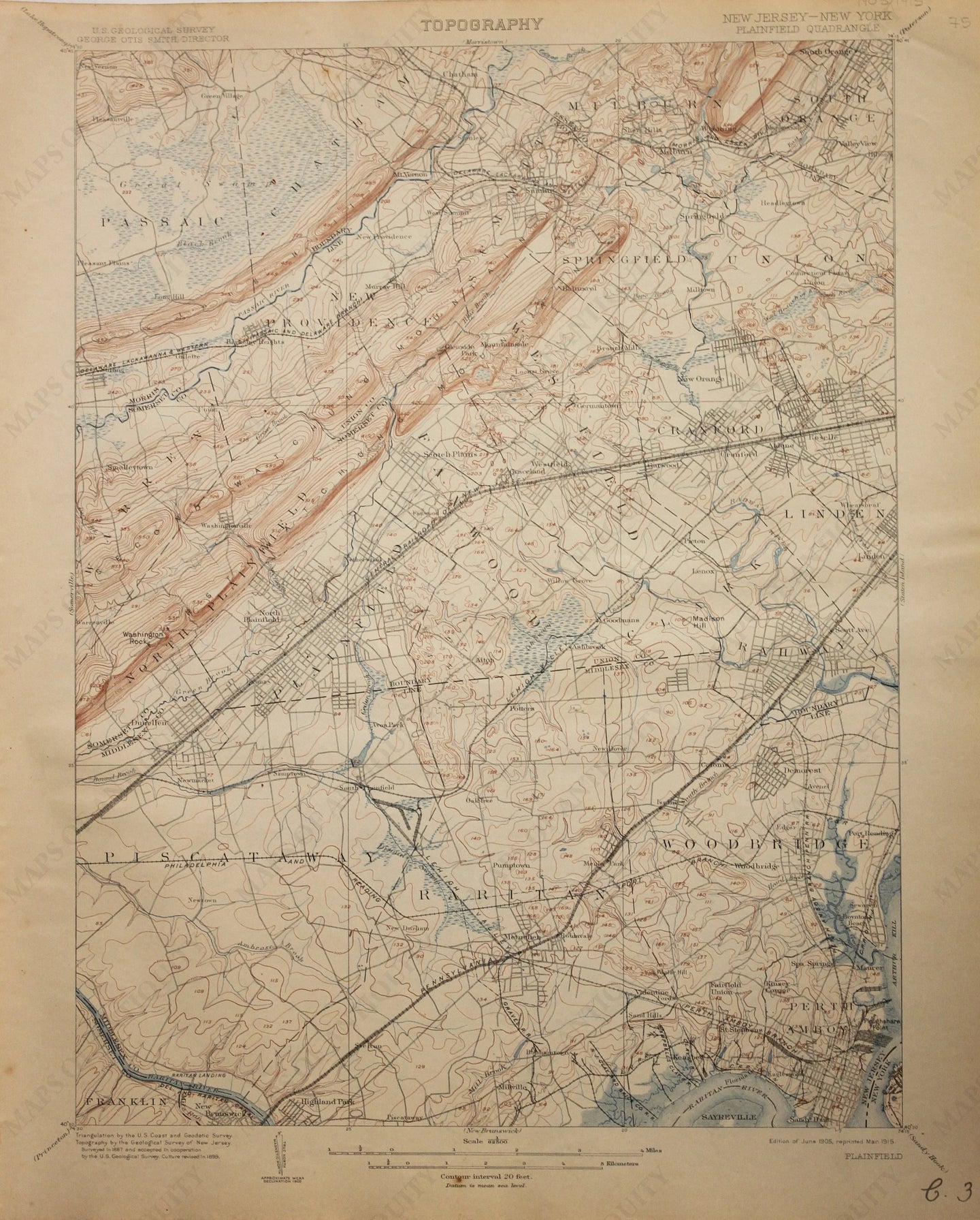 Genuine-Antique-Map-Plainfield--New-Jersey-New-York---1915-U-S-Geological-Survey--Maps-Of-Antiquity